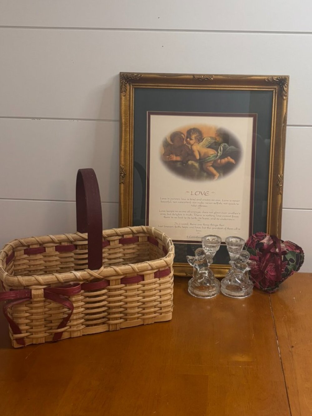 VTG Cherub Gold Framed Art 1 Corinthians 13 Clear Glass Taper Holders Basket